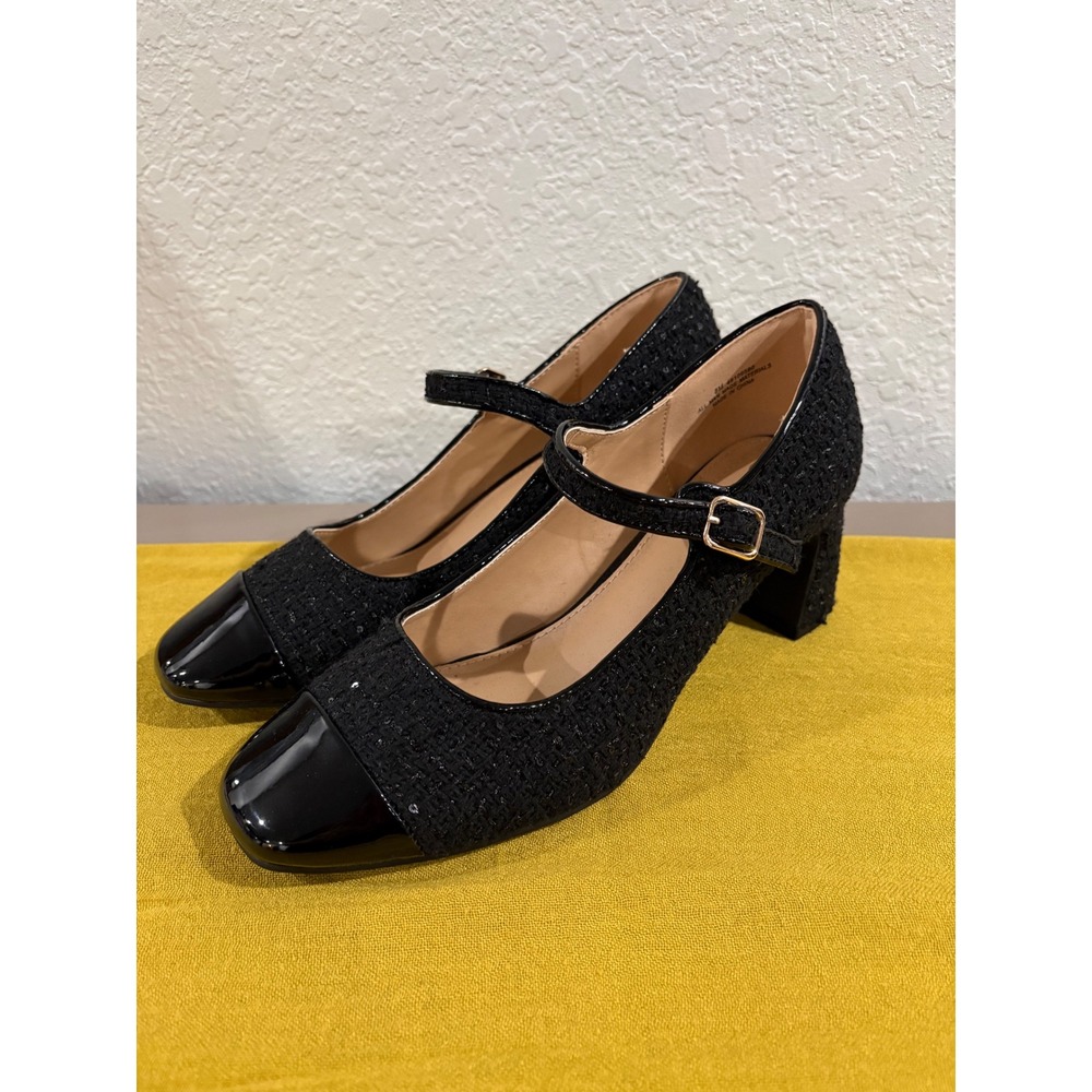 Comfort Est 1946 Womens Black Tweed Sequin Mary Jane Patent Cap Toe Block Heel 8